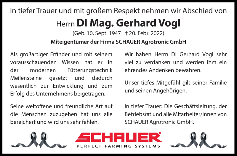  Traueranzeige für Gerhard Vogl vom 26.02.2022 aus OÖNachrichten
