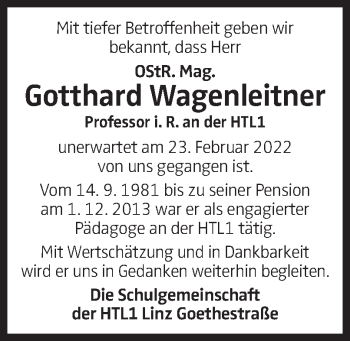 Traueranzeige von Gotthard Wagenleitner von OÖNachrichten