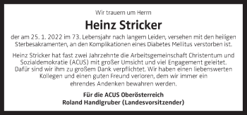Traueranzeige von Heinz Stricker von OÖNachrichten