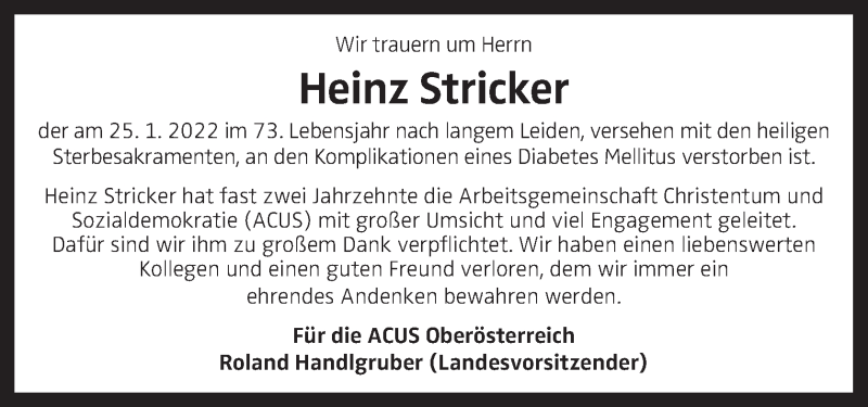  Traueranzeige für Heinz Stricker vom 05.02.2022 aus OÖNachrichten