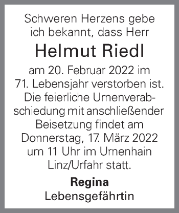 Traueranzeige von Helmut Riedl von OÖNachrichten