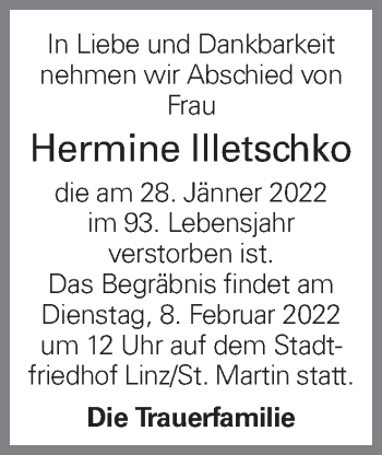 Traueranzeige von Hermine Illetschko von OÖNachrichten