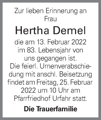 Traueranzeige von Hertha Demel von OÖNachrichten