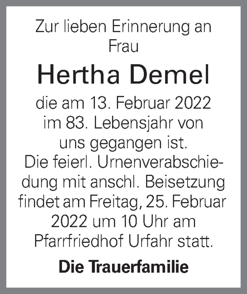  Traueranzeige für Hertha Demel vom 21.02.2022 aus OÖNachrichten