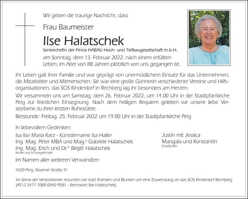  Traueranzeige für Ilse Halatschek  vom 22.02.2022 aus OÖNachrichten