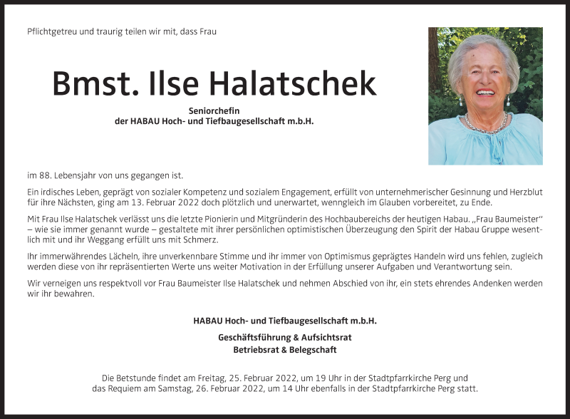  Traueranzeige für Ilse Halatschek  vom 19.02.2022 aus OÖNachrichten