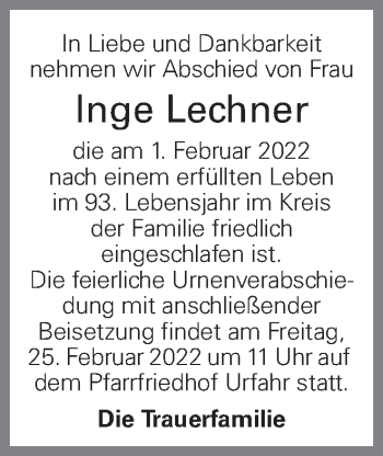 Traueranzeige von Inge Lechner von OÖNachrichten