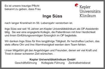 Traueranzeige von Inge Süss von OÖNachrichten