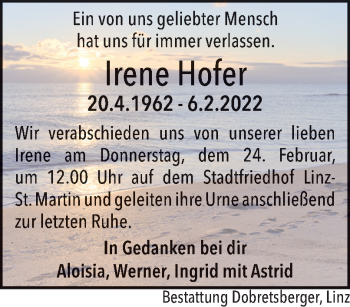 Traueranzeige von Irene Hofer von OÖNachrichten