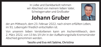 Traueranzeige von Johann Gruber von OÖNachrichten