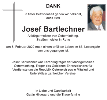 Traueranzeige von Josef Bartlechner von OÖNachrichten