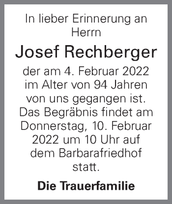 Traueranzeige von Josef Rechberger von OÖNachrichten