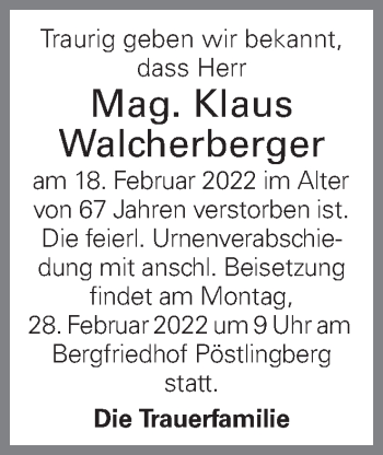 Traueranzeige von Klaus Walcherberger von OÖNachrichten
