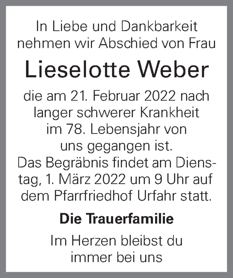  Traueranzeige für Lieselotte Weber vom 25.02.2022 aus OÖNachrichten