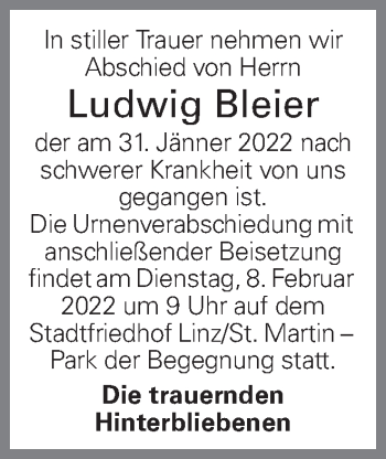 Traueranzeige von Ludwig Bleier von OÖNachrichten