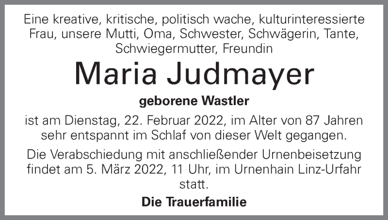  Traueranzeige für Maria Judmayer vom 26.02.2022 aus OÖNachrichten