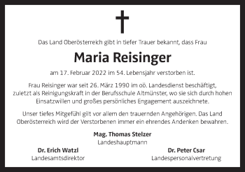 Traueranzeige von Maria Reisinger von OÖNachrichten