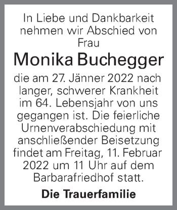 Traueranzeige von Monika Buchegger von OÖNachrichten