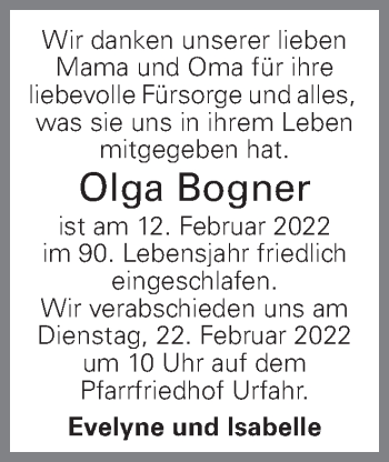 Traueranzeige von Olga Bogner von OÖNachrichten
