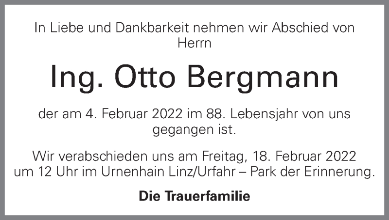 Traueranzeige für Otto Bergmann vom 12.02.2022 aus OÖNachrichten