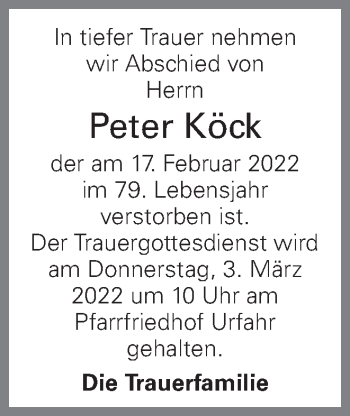 Traueranzeige von Peter Köck von OÖNachrichten