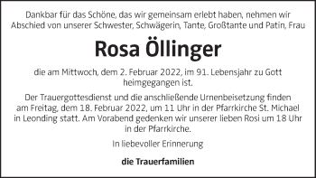 Traueranzeige von Rosa Öllinger von OÖNachrichten