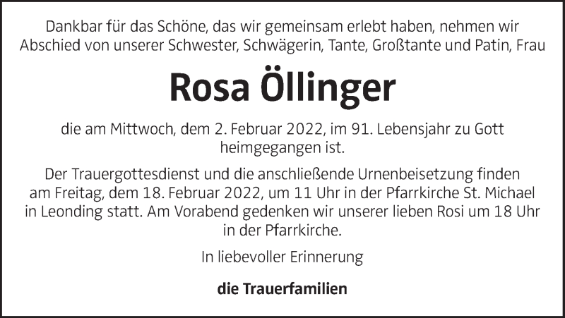  Traueranzeige für Rosa Öllinger vom 05.02.2022 aus OÖNachrichten