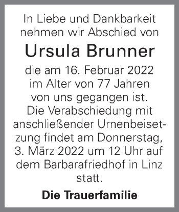 Traueranzeige von Ursula Brunner von OÖNachrichten