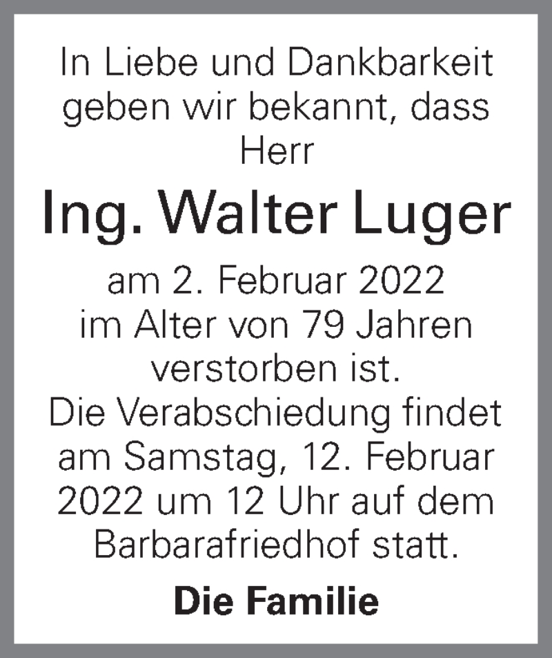  Traueranzeige für Walter Luger vom 10.02.2022 aus OÖNachrichten