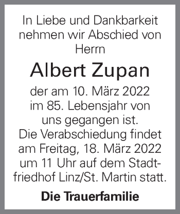 Traueranzeige von Albert Zupan von OÖNachrichten