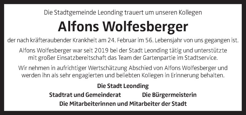  Traueranzeige für Alfons Wolfesberger vom 02.03.2022 aus OÖNachrichten