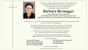 Traueranzeige von Barbara Bernegger von OÖNachrichten