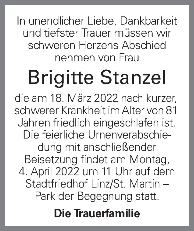  Traueranzeige für Brigitte Stanzel vom 26.03.2022 aus OÖNachrichten