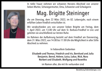 Traueranzeige von Brigitte Steininger von OÖNachrichten