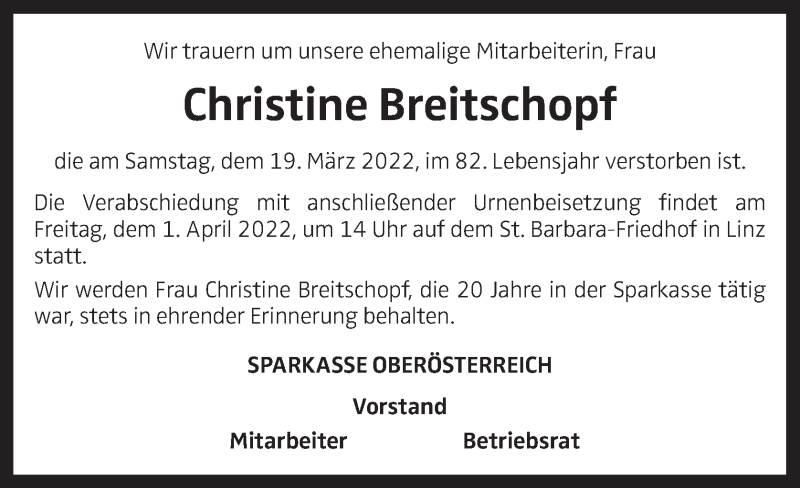  Traueranzeige für Christine Breitschopf vom 30.03.2022 aus OÖNachrichten