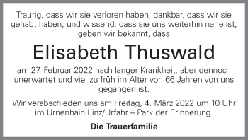 Traueranzeige von Elisabeth Thuswald von OÖNachrichten