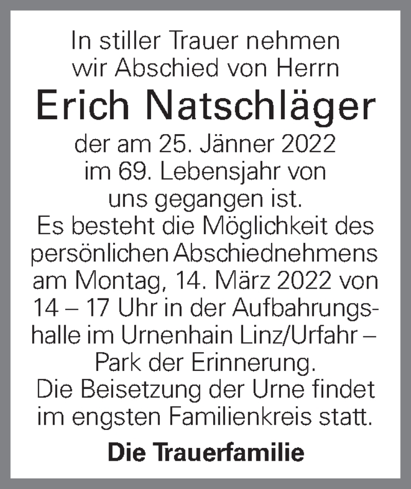  Traueranzeige für Erich Natschläger vom 11.03.2022 aus OÖNachrichten