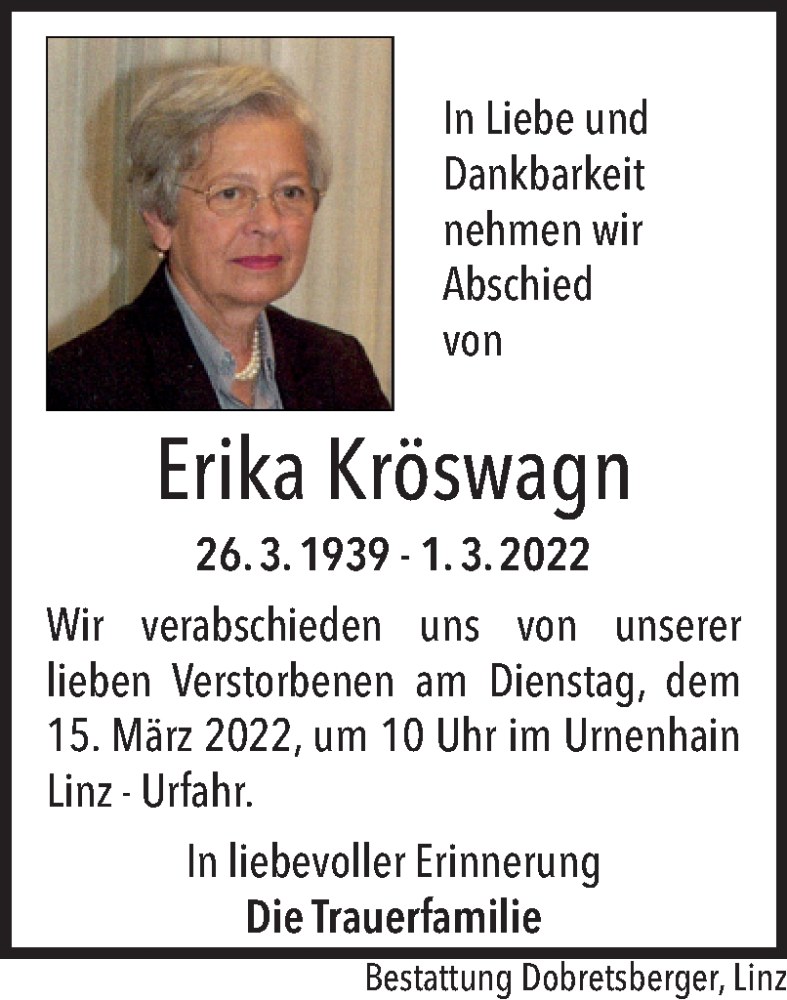  Traueranzeige für Erika Kröswagn vom 10.03.2022 aus OÖNachrichten