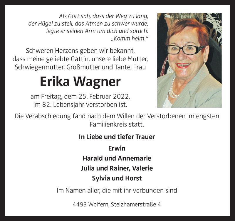  Traueranzeige für Erika Wagner vom 05.03.2022 aus OÖNachrichten