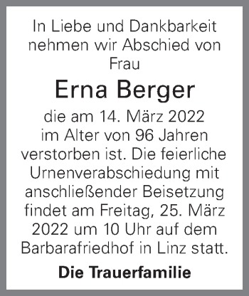 Traueranzeige von Erna Berger von OÖNachrichten