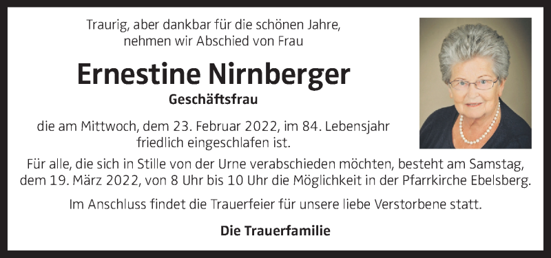  Traueranzeige für Ernestine Nirnberger vom 12.03.2022 aus OÖNachrichten