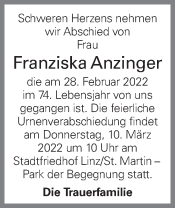 Traueranzeige von Franziska Anzinger von OÖNachrichten