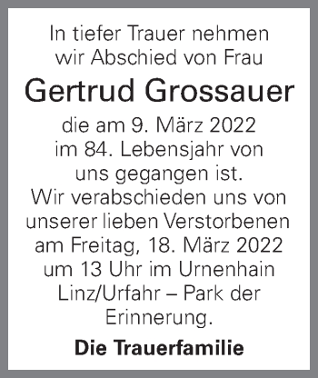 Traueranzeige von Gertrud Grossauer von OÖNachrichten