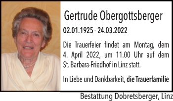 Traueranzeige von Gertrude Obergottsberger von OÖNachrichten