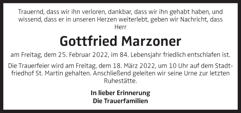  Traueranzeige für Gottfried Marzoner vom 12.03.2022 aus OÖNachrichten
