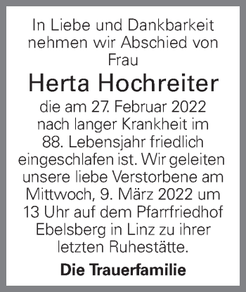 Traueranzeige von Herta Hochreiter von OÖNachrichten