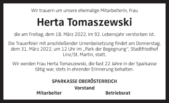 Traueranzeige von Herta Tomaszewski von OÖNachrichten