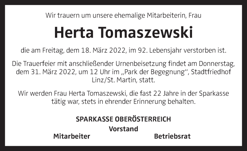  Traueranzeige für Herta Tomaszewski vom 28.03.2022 aus OÖNachrichten