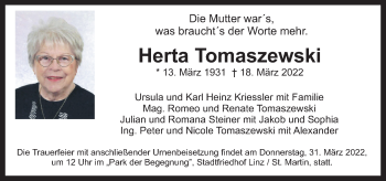 Traueranzeige von Herta Tomaszewski von OÖNachrichten