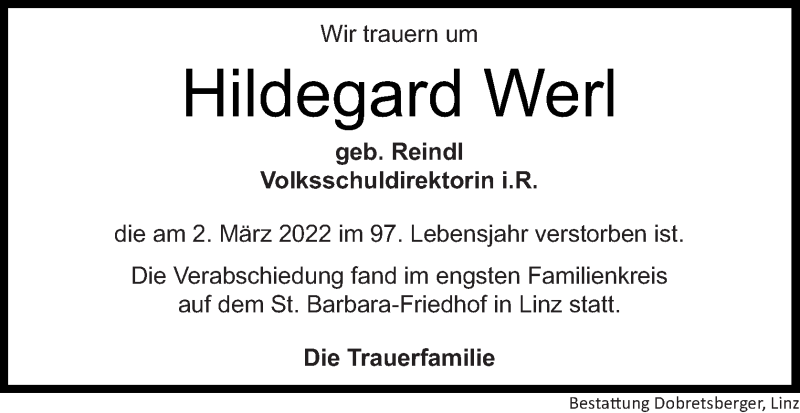  Traueranzeige für Hildegard Werl vom 12.03.2022 aus OÖNachrichten